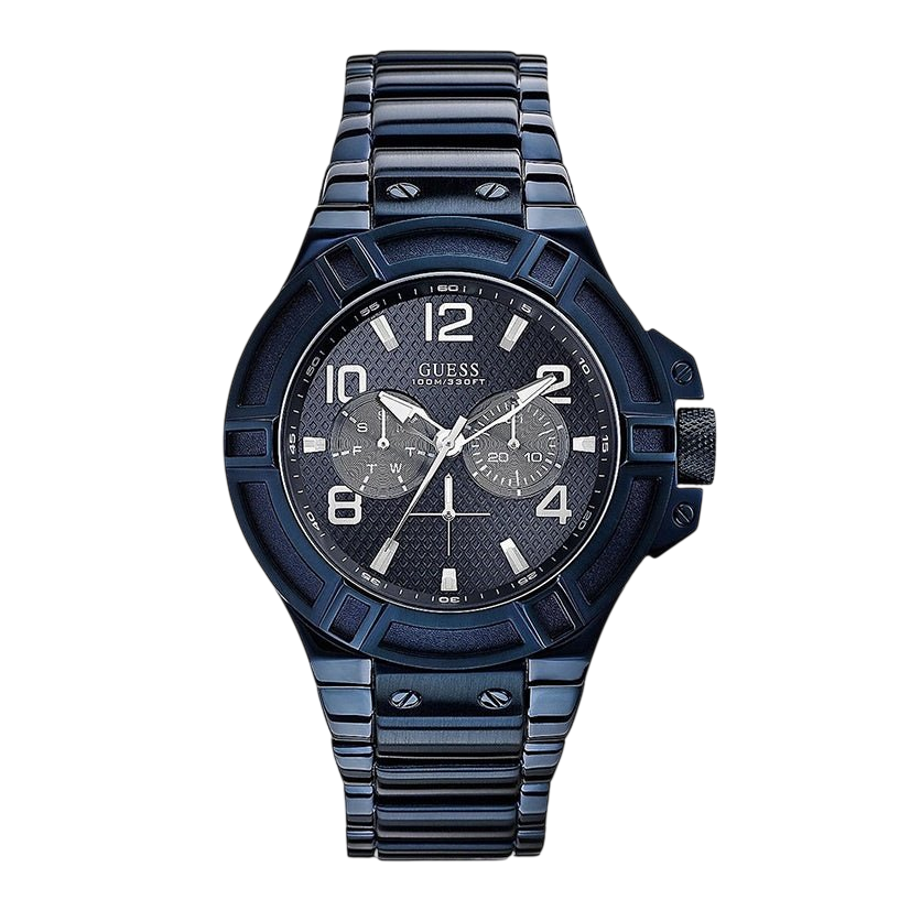 Guess watch W0218G4 Rigor analog men's watch blue 45mm stainless steel - Watch Plaza