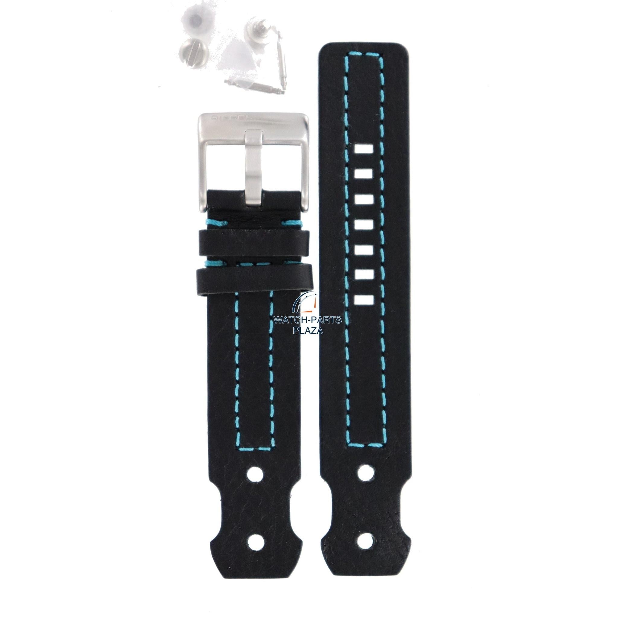 Watch Band Diesel DZ2113 black leather strap 22mm blue stitched - Watch Plaza