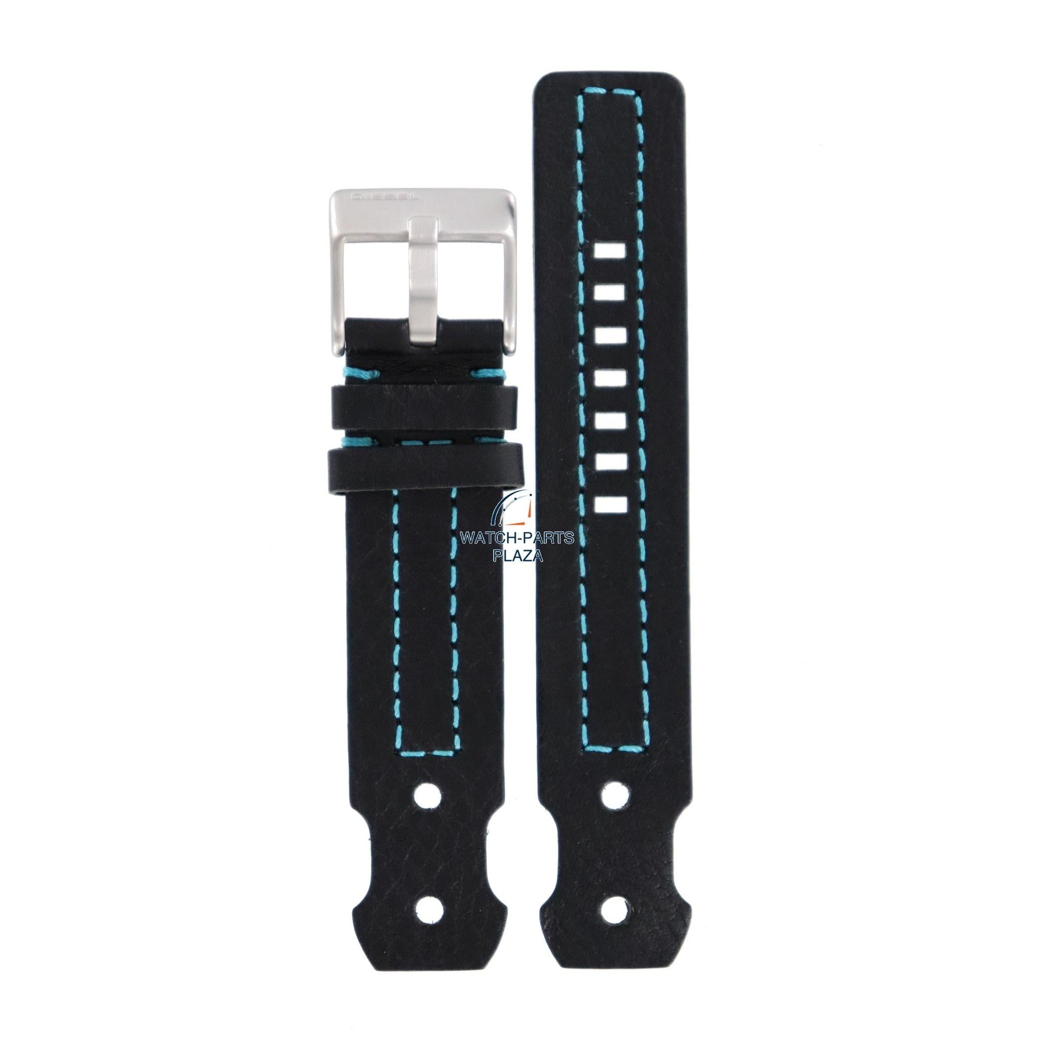 Watch Band Diesel DZ2113 black leather strap 22mm blue stitched - Watch Plaza