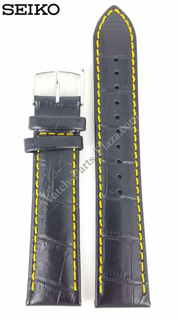 Seiko Barcelona SNDC89 Black Yellow Leather Watch Band 7T92 - 0MF0 Strap 20mm - Watch Plaza