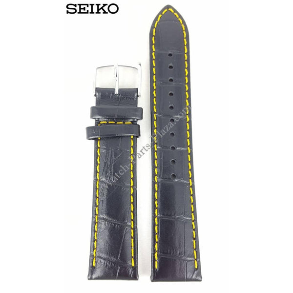 Seiko Barcelona SNDC89 Black Yellow Leather Watch Band 7T92 - 0MF0 Strap 20mm - Watch Plaza