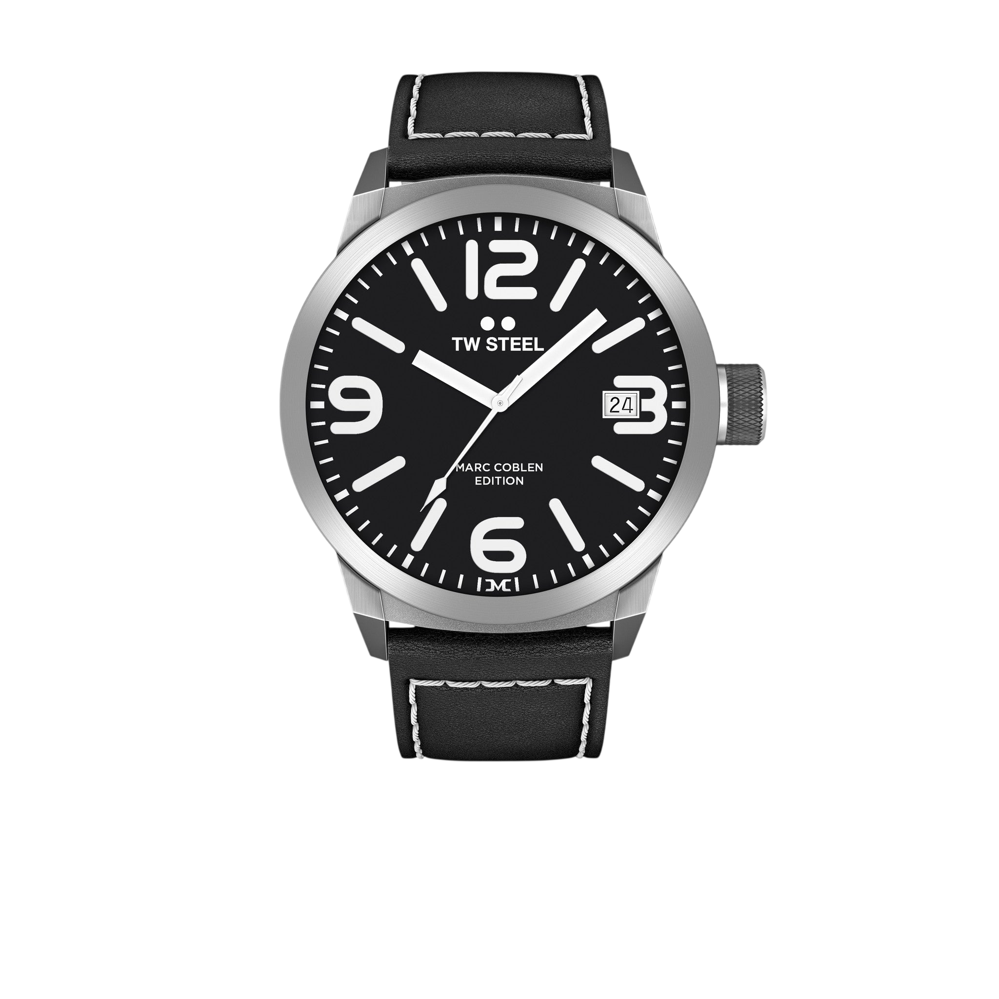 TW - Steel Analog watch Marc Coblen TWMC54 black leather strap 50mm black dial - Watch Plaza