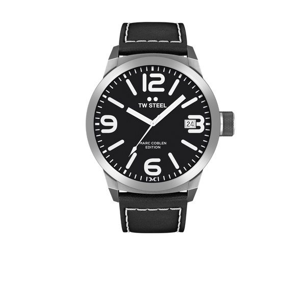 TW - Steel Analog watch Marc Coblen TWMC54 black leather strap 50mm black dial - Watch Plaza