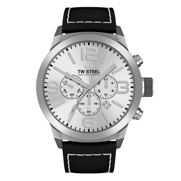 TW - Steel Marc Coblen TWMC60 chronograph watch black 50mm white stitched black strap - Watch Plaza