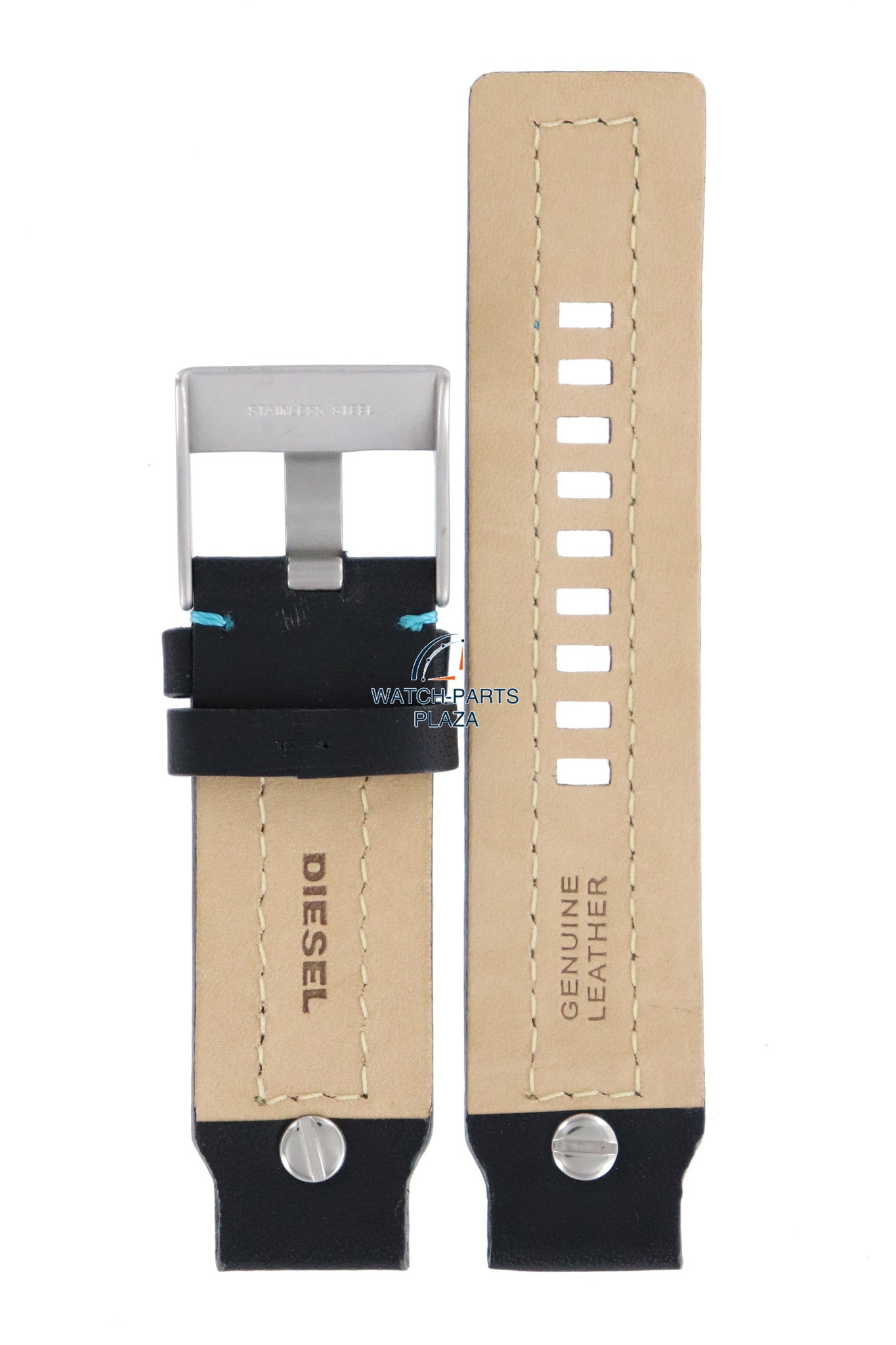 Watch Band Diesel DZ1066 black leather strap 20mm blue stitched - Watch Plaza
