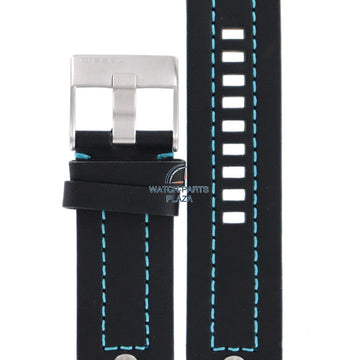 Watch Band Diesel DZ1066 black leather strap 20mm blue stitched - Watch Plaza