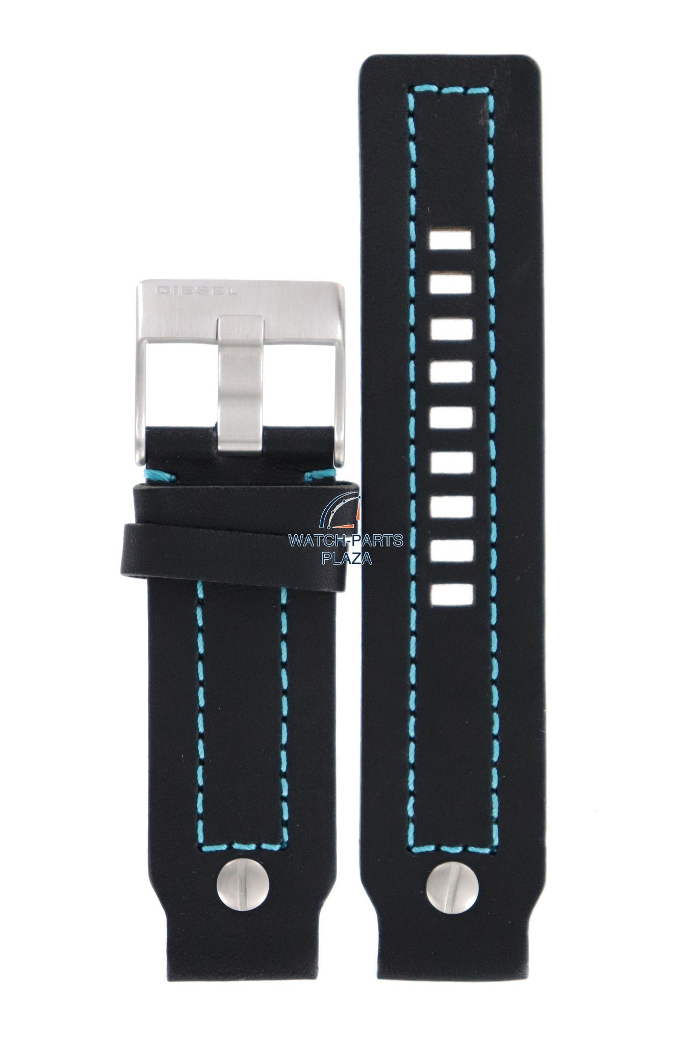 Watch Band Diesel DZ1066 black leather strap 20mm blue stitched - Watch Plaza