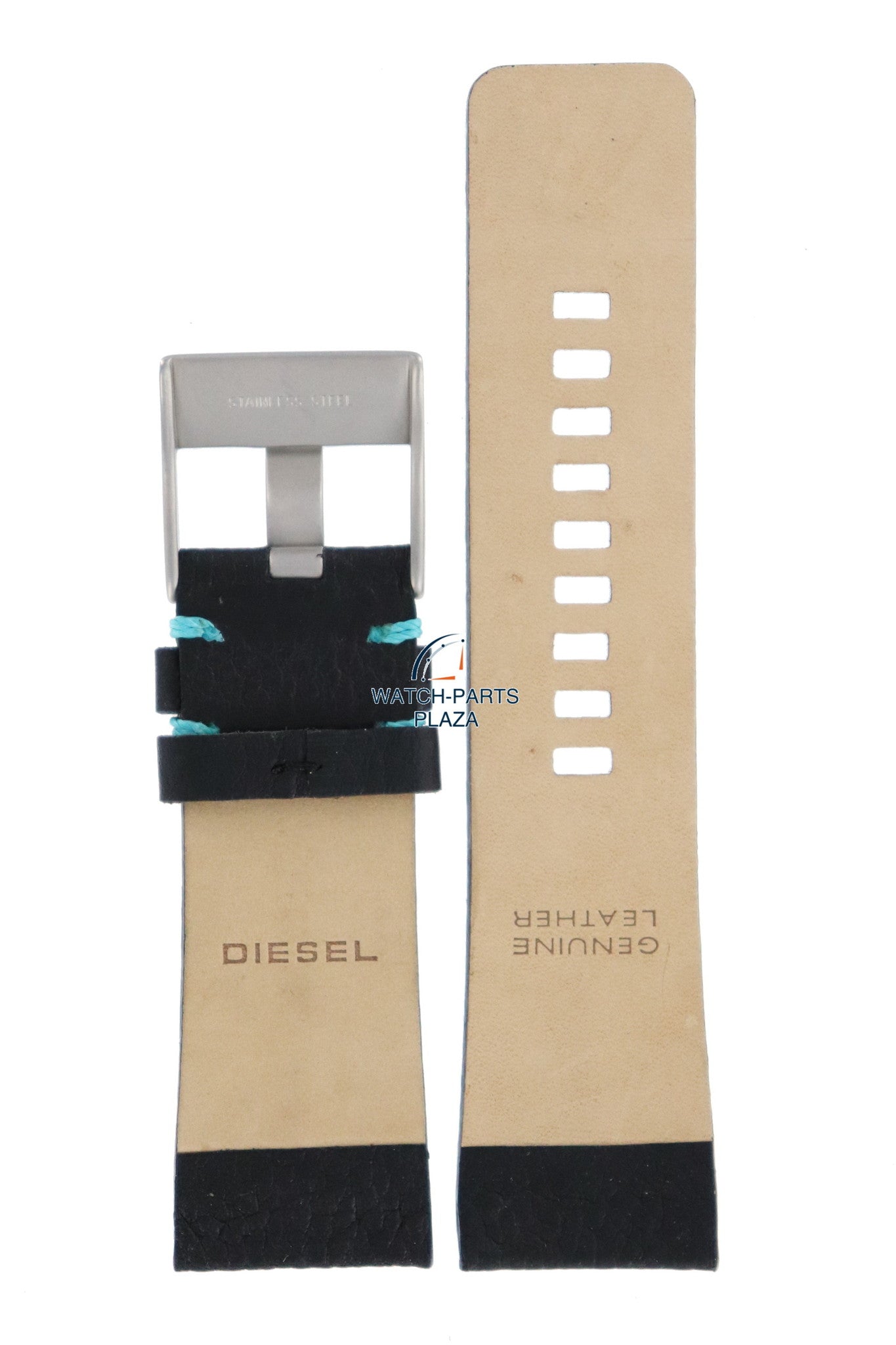 Watch Band Diesel DZ2110 black leather strap 27mm original blue stitching - Watch Plaza