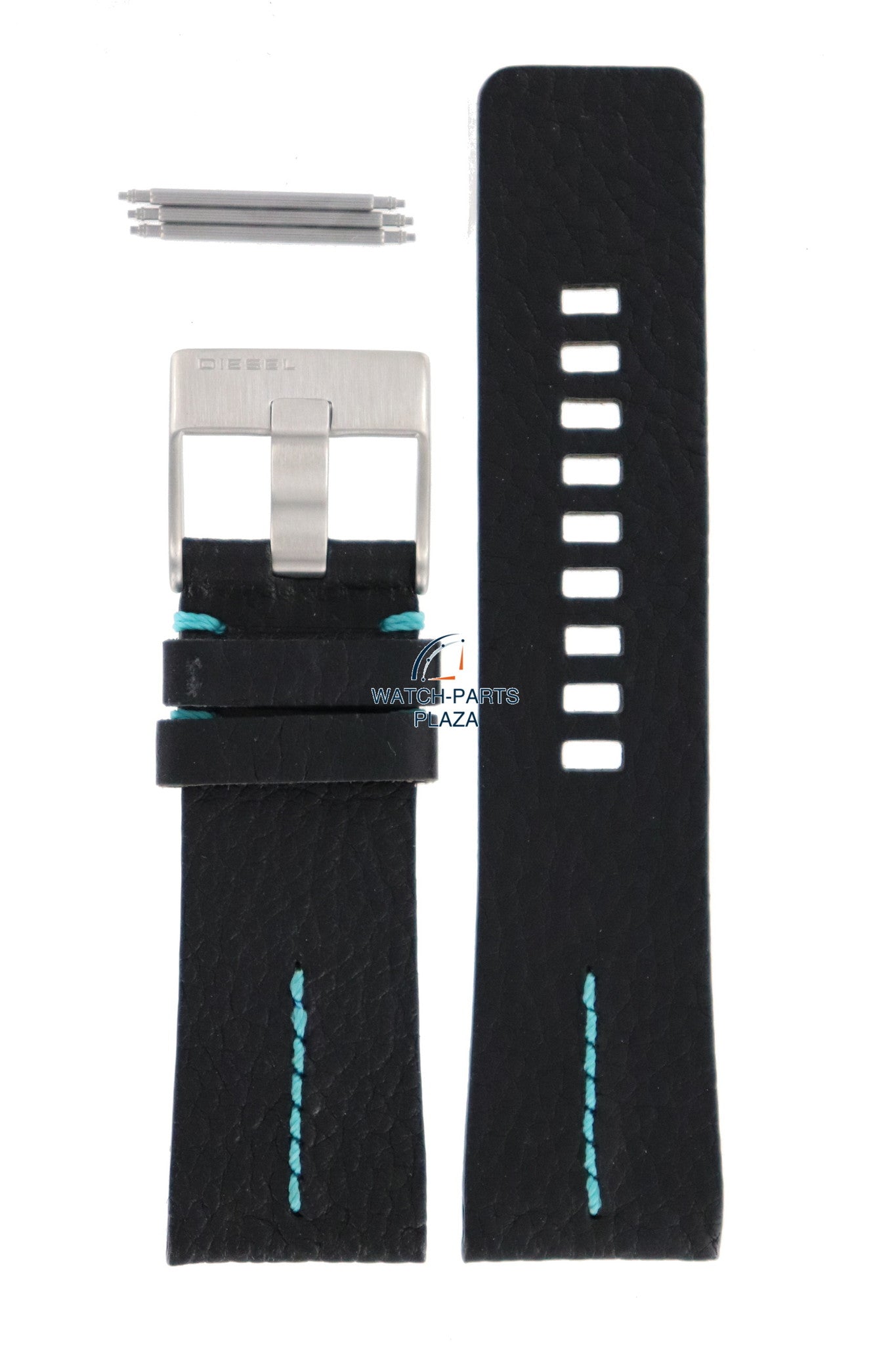 Watch Band Diesel DZ2110 black leather strap 27mm original blue stitching - Watch Plaza