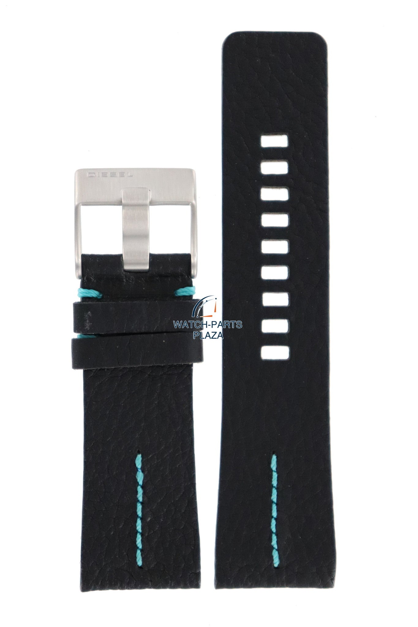 Watch Band Diesel DZ2110 black leather strap 27mm original blue stitching - Watch Plaza
