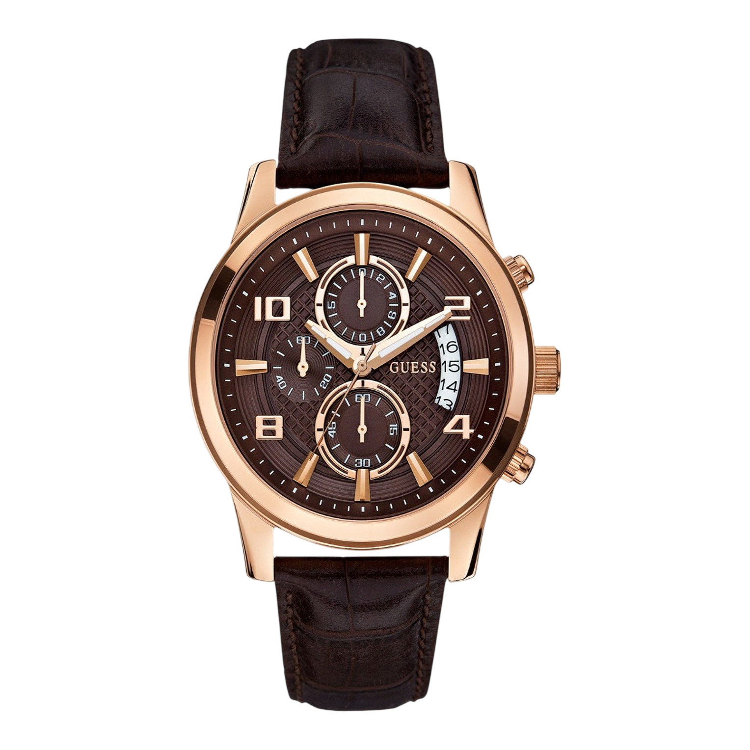 Watch Guess Exec W0076G4 chronograph watch men's rosé 44mm brown croco leather strap - Watch Plaza