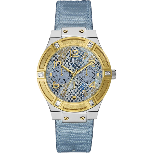 Watch Guess W0289L2 Jet Setter ladies watch gold colored 39mm light blue strap - Watch Plaza